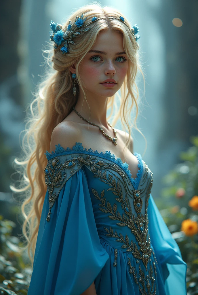 Girl  , ((( blue dress), flowers, jewelry, long sleeves, wide sleeves, elf clothing, , embroidery, long skirt, long flowing blond hair, detailed face, detailed beautiful eyes, (intricate:1.3), (arcane aura:1.2), (dreamlike:1.3), (subtle mist:1.1),(vibrant colors:1.2), (detailed hair:1.3), (ultra realistic details:1.5),