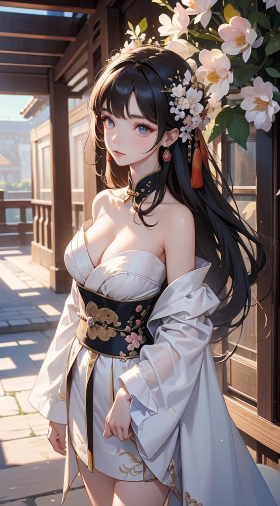 BAINV, ((Bare shoulder)), ((knee shot)), ((Standing walking)), ((Elegant and charming posture)), ((Close shot)), shot of woman with flowers in hair, Portraits inspired by Du Qiong, CG trends, Reality, Gorgeous Chinese model, traditional beauty, Chinese girl, cgstation trends, Popular topics on cgstation, Chinese style, palace , Cute and delicate face, beautiful girl, A beautiful young womanAnatomically correct