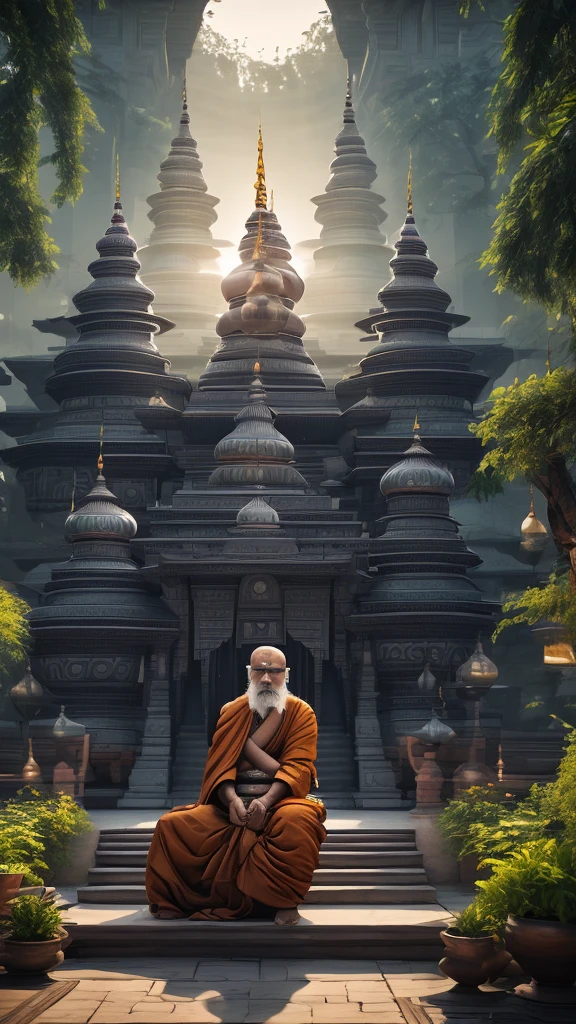 The Idian Elder, a monk, одет в жревеюю одежду a monkов, silit, it is clearly visible, all details well drawn 4K, the face is clearly visible. Futuristic Indian Temple Background, All Bright, the colors are rich and light