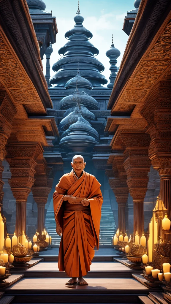 The Idian Elder, a monk, одет в жревеюю одежду a monkов, silit, it is clearly visible, all details well drawn 4K, the face is clearly visible. Futuristic Indian Temple Background, All Bright, the colors are rich and light