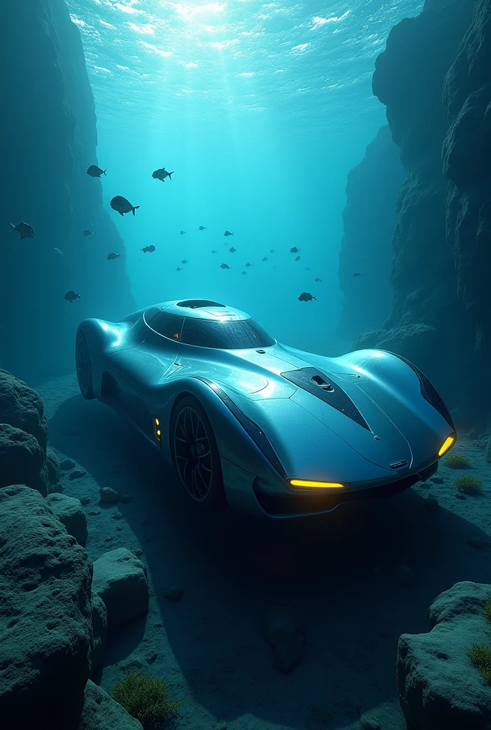 Awsome the futuristic [car] under the sea [on bottom camera view]