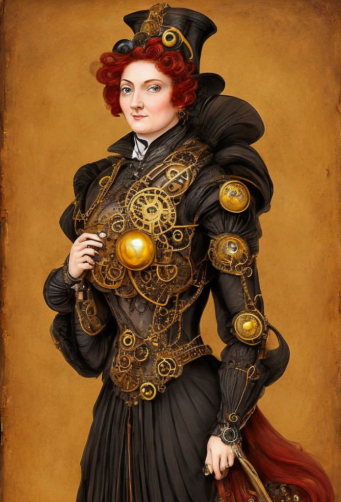 A middle-aged steampunk noblewoman from the Victorian era, with red hair and tanned skin, a core in her chest that serves as a catalyst for alchemy without the use of materials, and the clothes of a businesswoman full of gears, with a serious and intimidating expression, but commands respect.