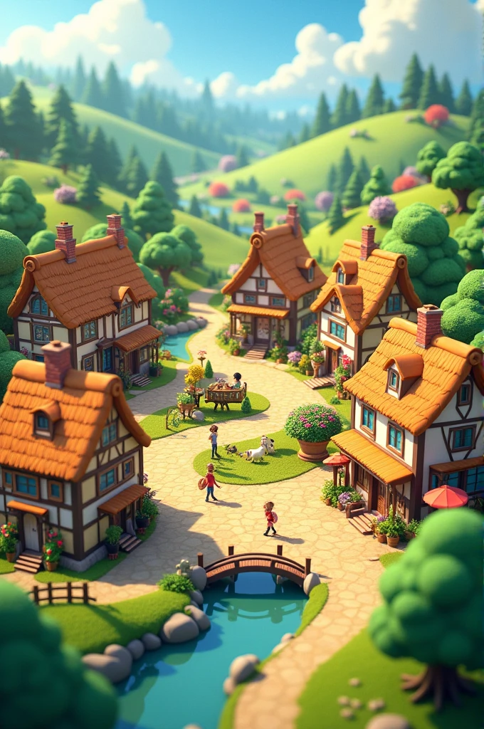 In cinematic 3D Cartoon style" A small, rural village with a picturesque landscape".