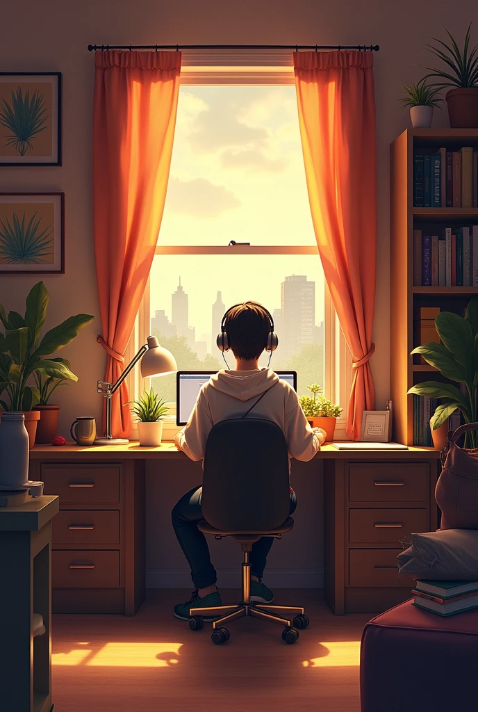 Create an image featuring a character sitting at a desk with headphones on, in a cozy room with warm lighting. The room should have elements such as books, decorations, and a window showing either a cityscape or nature. The atmosphere should be calm and inviting, suitable for studying or relaxing. Include soft shadows to enhance the warmth of the scene."