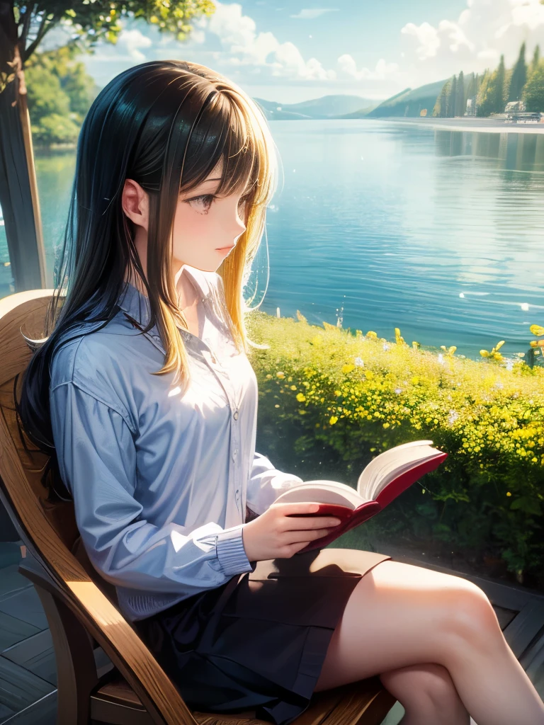 Girl reading a book by the lake,Beautiful Girl, Bright colors, spring, comfortable, Warm sunshine, Soft Effect, 