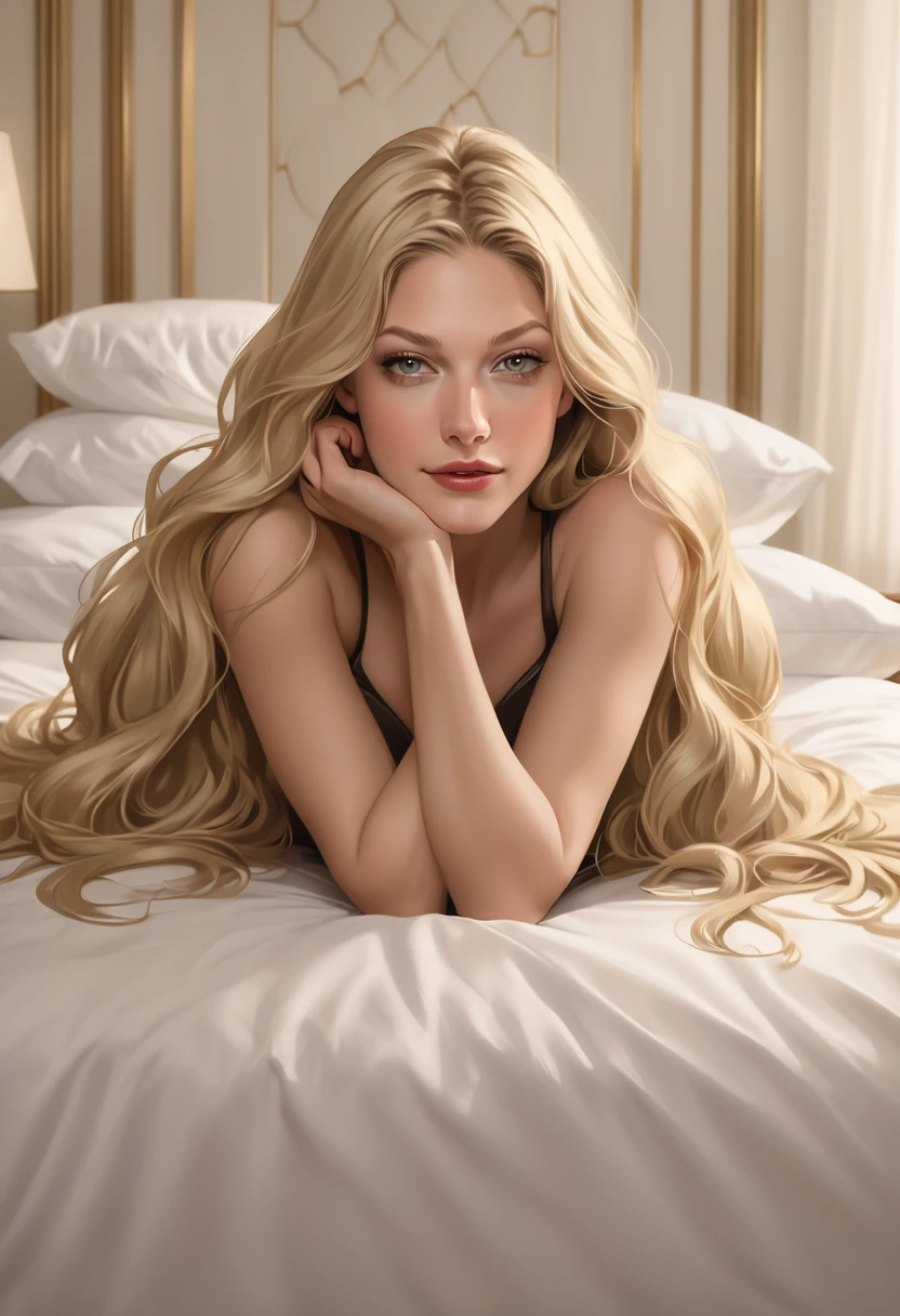 generates the image of a blonde woman, identical to Melissa Benoist, very long hair, beautiful, lying on a bed in a position of suffering, in a spacious and luxurious suite