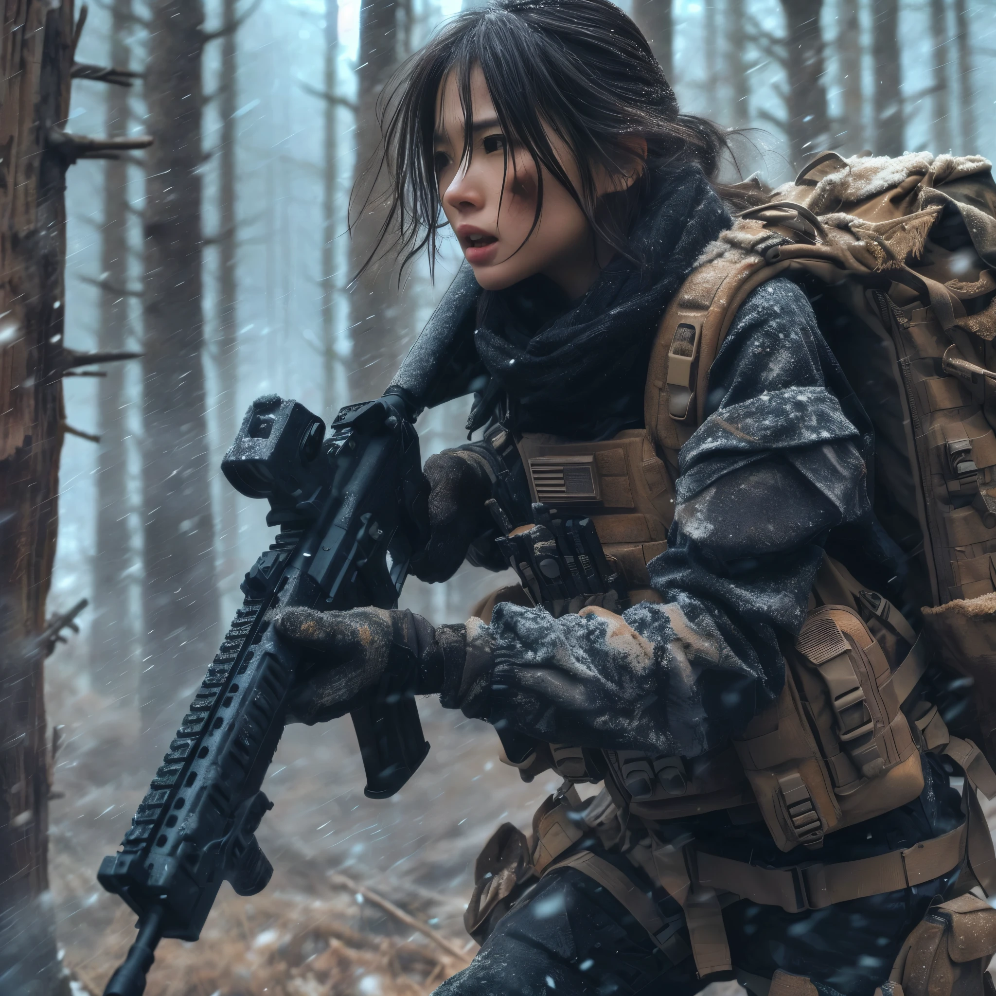 8K, realistic photo, realistic skin texture, Beautiful Japanese women in the US military、In the winter forest、explosion、Close call、
、They are shouting to evacuate immediately.、Automatic rifle、Bulletproof vest、Back Back、boots、Covered in scars、Grim expression、Dynamic pose、Innovative composition、Dust is flying、fiction、My breath is white from the cold、The sun shines through the trees

