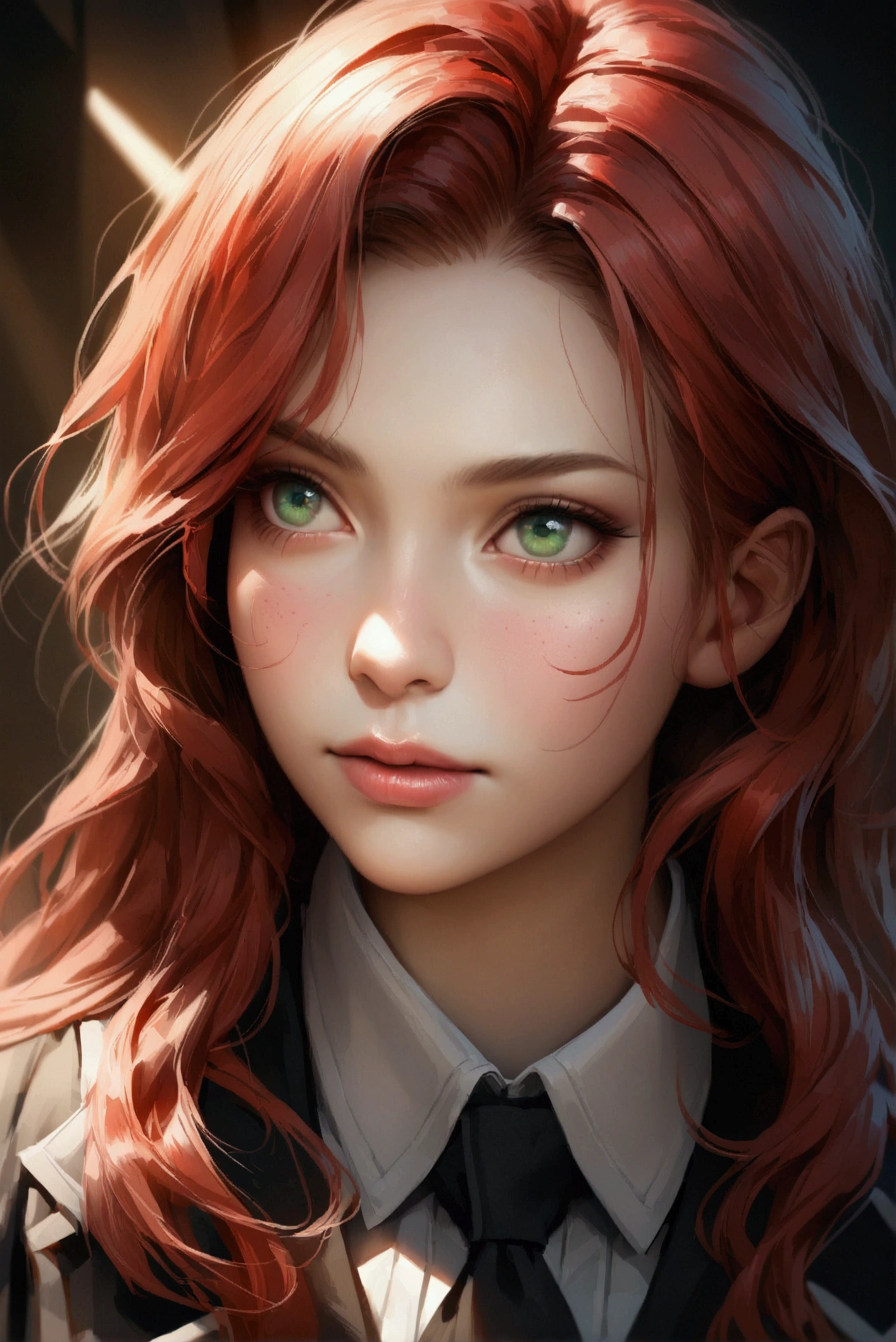 A beautiful girl with red hair, green eyes, and clear skin, with a thoughtful expression, wearing a black school uniform, detailed portrait, realistic, photorealistic, detailed facial features, beautiful detailed eyes, beautiful detailed lips, extremely detailed face, long eyelashes, highly detailed, masterpiece, 4k, hyper detailed, vibrant colors, natural lighting, cinematic, intricate details. Apariencia juvenil. Cara algo nerviosa