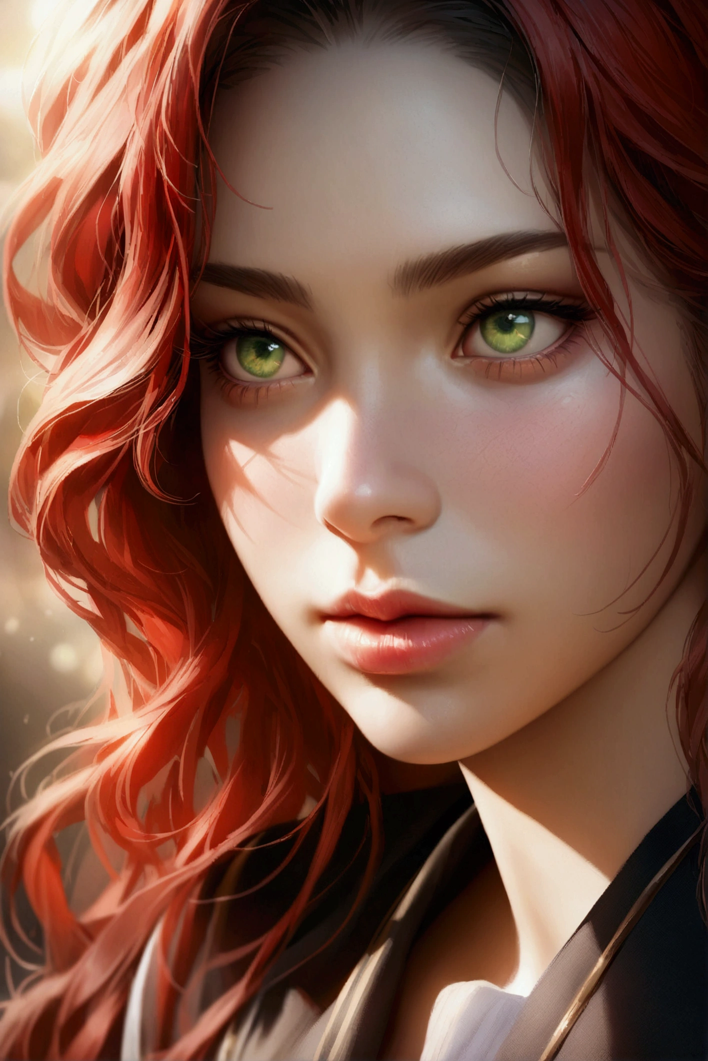 best qualtiy, tmasterpiece,Red hair,A girl, exteriors, The upper part of the body, Realistis,Floating hair, ,Detailed face, Green trees, Sunshine