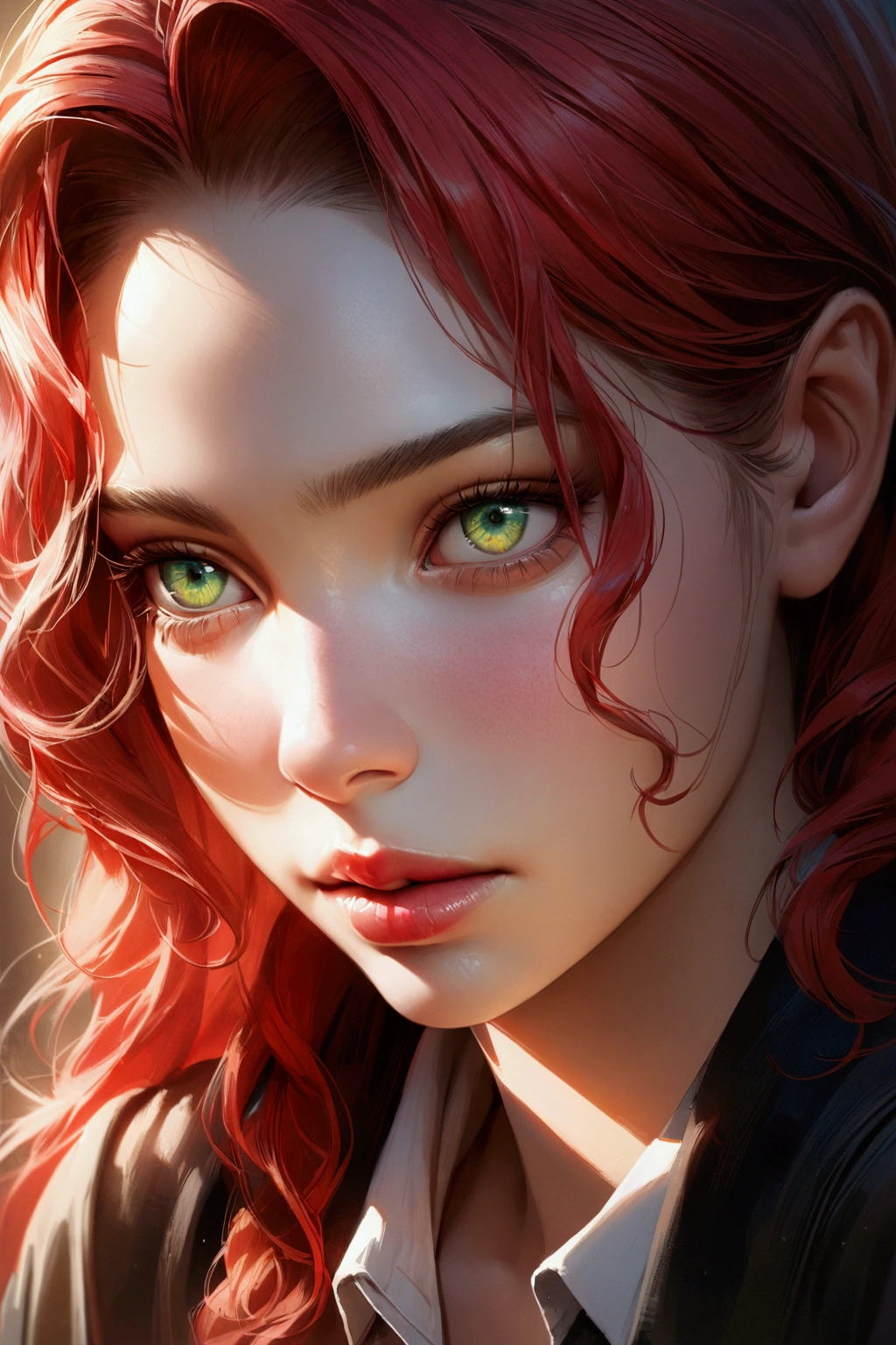A beautiful girl with red hair, green eyes, and clear skin, with a thoughtful expression, wearing a black school uniform, detailed portrait, realistic, photorealistic, detailed facial features, beautiful detailed eyes, beautiful detailed lips, extremely detailed face, long eyelashes, highly detailed, masterpiece, 4k, hyper detailed, vibrant colors, natural lighting, cinematic, intricate details. Apariencia juvenil. Cara algo nerviosa