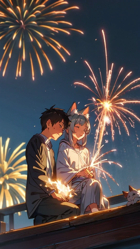 Cat ear、cute、beautiful、Gray Hair、Young couple、Top quality、masterpiece、Highest quality、firework、yukata、smile、bright