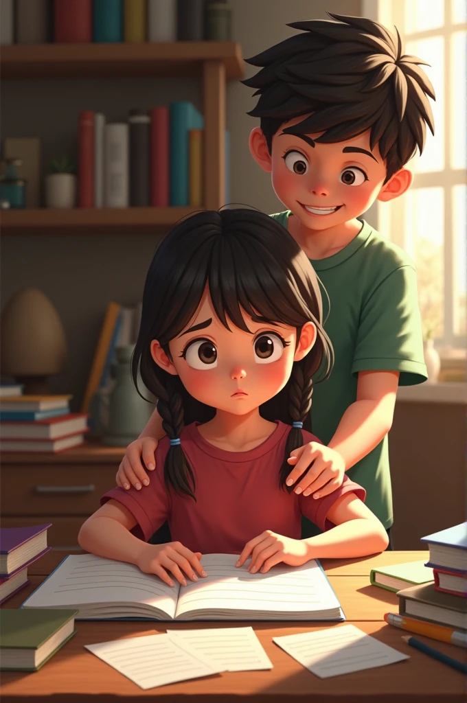 A girl is studying and her brother is disturbing her
