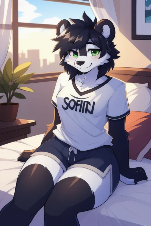 panda, mascle, femboy, female body, Fine body, feminine appearance, thick-thighs, big-ass , mini shorts , camisa curtinha , Bblack hair ((dyed hair)) , white body, greeneyes, short messy hair, penthouse apartment , cozily
, Detailed lighting, detailed shading, work of art , aroused face ,deitado na cama , amostrando a bunda , flushed , smitten , body detailed , (by Kilinah, de Coffeesoda, by hioshiru, by Kilinah), frontal camera, from front view, stretch