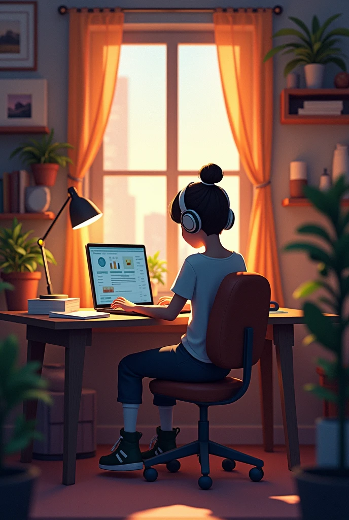 Create an image featuring a character sitting at a desk with headphones on, in a cozy room with warm lighting. The room should have elements such as books, decorations, and a window showing either a cityscape or nature. The atmosphere should be calm and inviting, suitable for studying or relaxing. Include soft shadows to enhance the warmth of the scene."