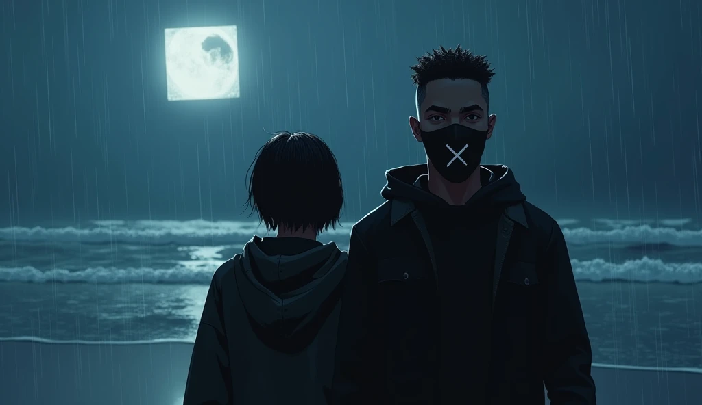 A young black man with his hair shaved on the sides and curled on top, thick eyebrows,wearing a black mask with a "X" drawn on it,and he wears a black hooded coat, walking with a girl,black woman with short hair, walking along the beach, at night while it rains, we can see a square moon in the sky, and its brightness reflecting in the sea water, o casa caminha apaiXonadamente. the moon is square.in 4k drawing