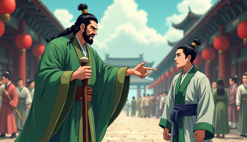 Antique anime style,Men in ancient costume,Tang Chang'an,Ancient Market,People coming and going,The bustling Dongsikou Street。A tall man in a green robe,A fierce and strong man,With a wooden stick in his hand,Pointing at a young man,The young man was wearing light grey coarse cloth,Hair combed into an ancient bun。Pretty。Dark blue sash。With fear on his face,Second dimension
