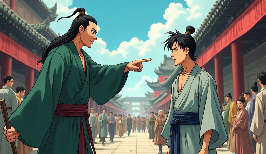 Antique anime style，Men in ancient costume，Tang Chang&#39;an，Ancient Market，People coming and going，The bustling Dongsikou Street。A tall man in a green robe，A fierce and strong man，With a wooden stick in his hand，Pointing at a young man，The young man was wearing light grey coarse cloth，Hair combed into an ancient bun。Pretty。Dark blue sash。With fear on his face，Second dimension