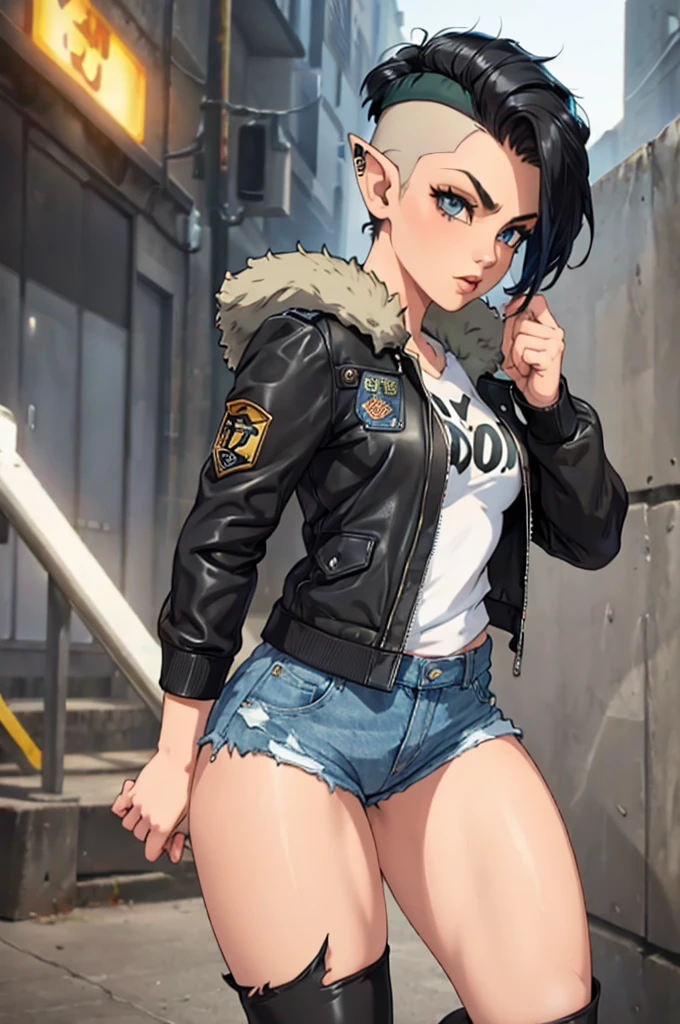  sexy elf girl, torn tights, short denim shorts, black leather jacket, shaved hair, undercut hairstyle, undercut hair