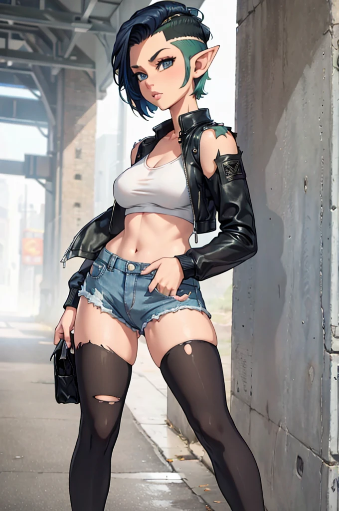  sexy elf girl, torn tights, short denim shorts, black leather jacket, shaved hair, undercut hairstyle, undercut hair