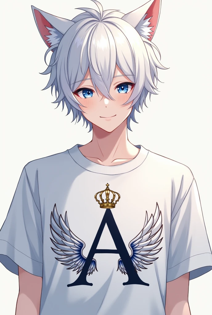 Make a male anime character with white hair, blue eyes, cat ears, a white shirt with a letter A printed on it and a crown on top of the letter A and wings on the sides of the letter A.