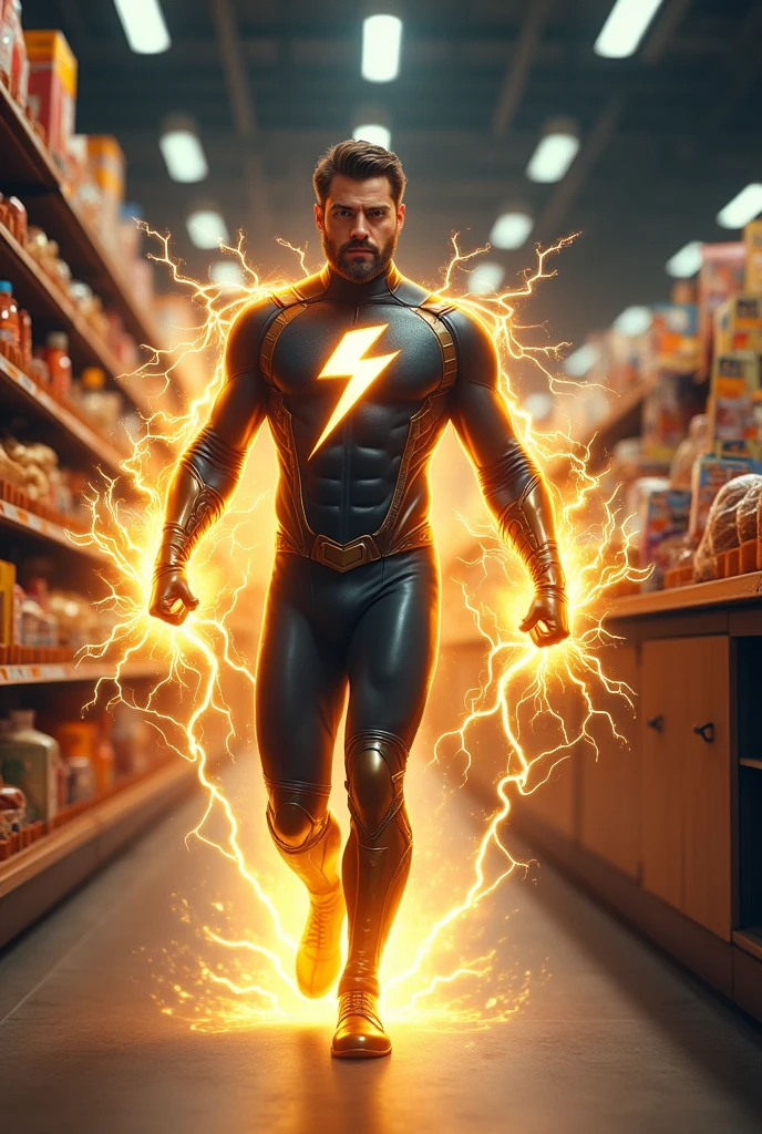 Create a superhero inspired by Super Shock who works as a stocker helping an elderly person at the happy market