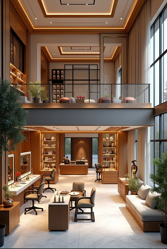 Make a two-story beauty salon style building where the first floor is the ground floor which is divided into a dressing area, the jewelry and in the background is the cafeteria and on the second floor it is divided into a makeup area and another for hairdressing.