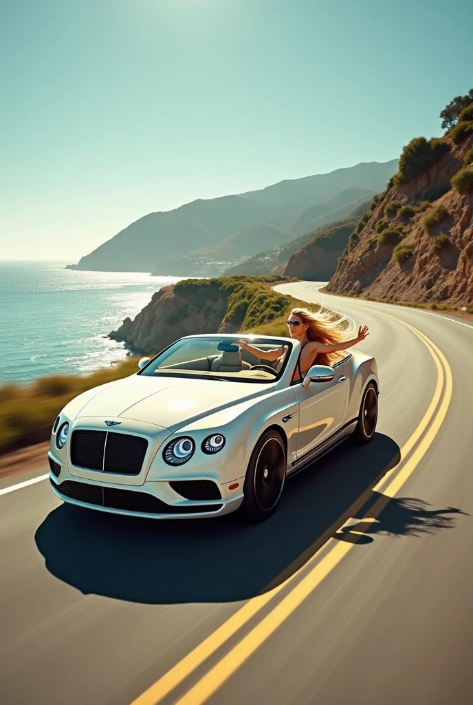 blonde woman long blonde hair driving a white open top bentley sports car on the ocean road in malibu california