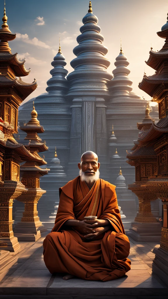 The Idian Elder, a monk, одет в жревеюю одежду a monkов, silit, it is clearly visible, all details well drawn 4K, the face is clearly visible. Futuristic Indian Temple Background, All Bright, the colors are rich and light 