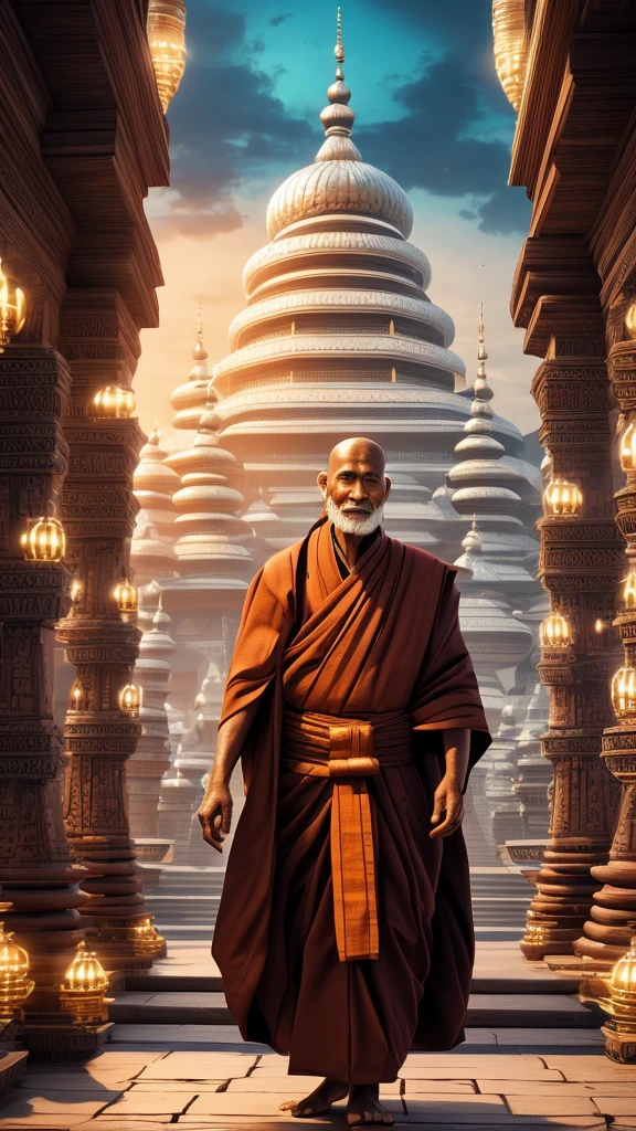 The Idian Elder, a monk, одет в жревеюю одежду a monkов, silit, it is clearly visible, all details well drawn 4K, the face is clearly visible. Futuristic Indian Temple Background, All Bright, the colors are rich and light