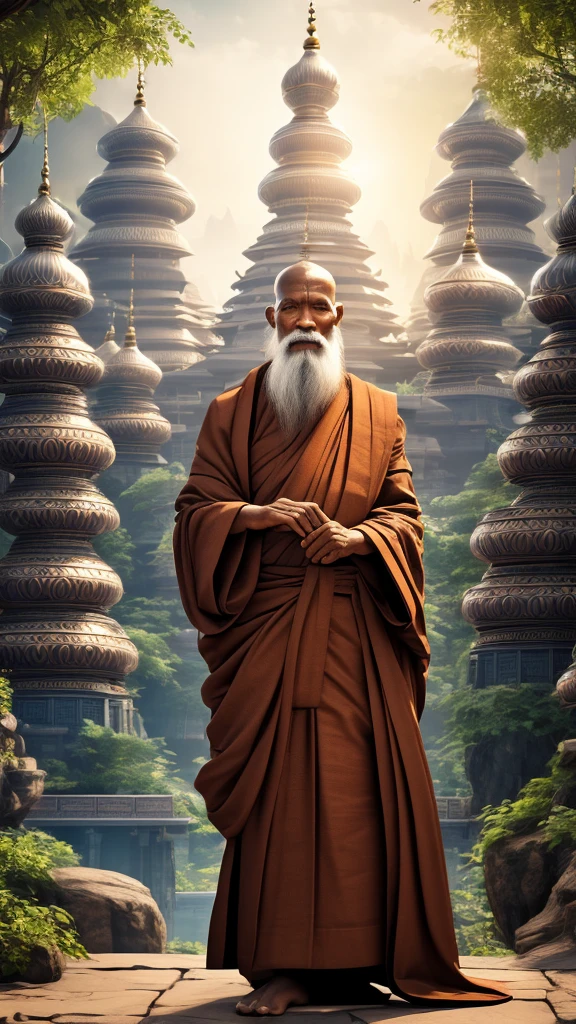 The Idian Elder, a monk, одет в жревеюю одежду a monkов, silit, it is clearly visible, all details well drawn 4K, the face is clearly visible. Futuristic Indian Temple Background, All Bright, the colors are rich and light