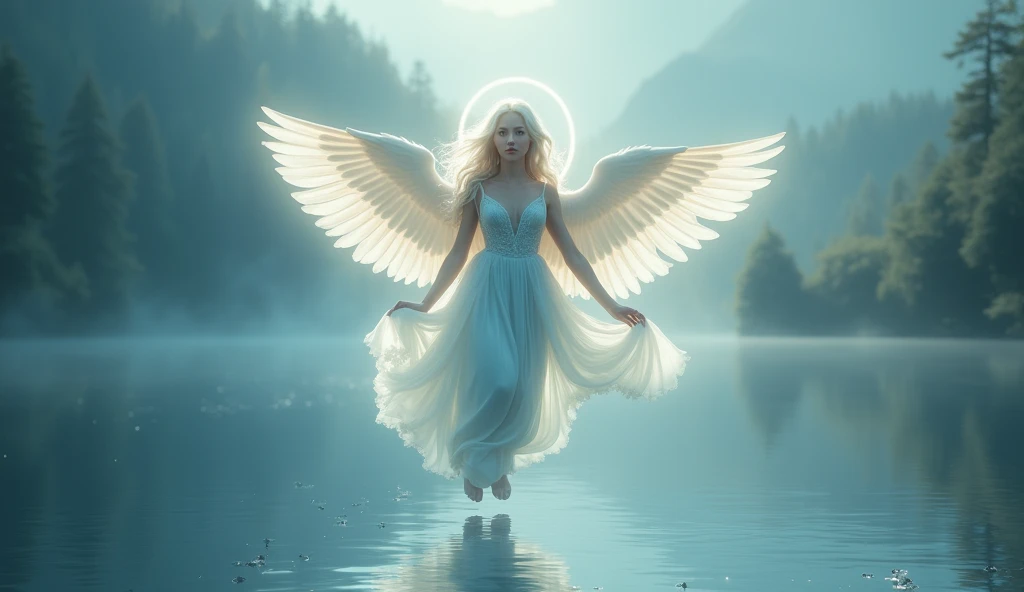A seductive angel in a light blue and white dress, gently hovering over a calm lake, her wings softly flapping. A halo of light glows behind her, emanating a sacred aura. The angel’s long silver hair shines, and her eyes reflect tranquility and wisdom. Her reflection shimmers in the lake's surface, surrounded by small ripples. This serene scene is accompanied by the imagined sound of soft harp music. Aim for realistic depiction, make sure photos are at highest resolution (8K)