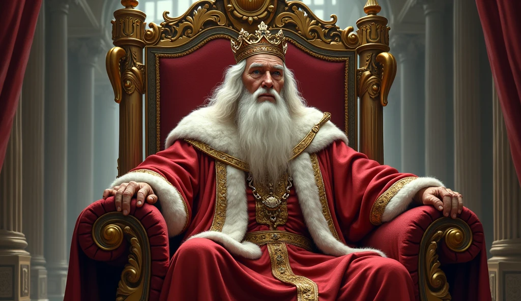 A king with white hair, a crown on his head, sitting on a throne