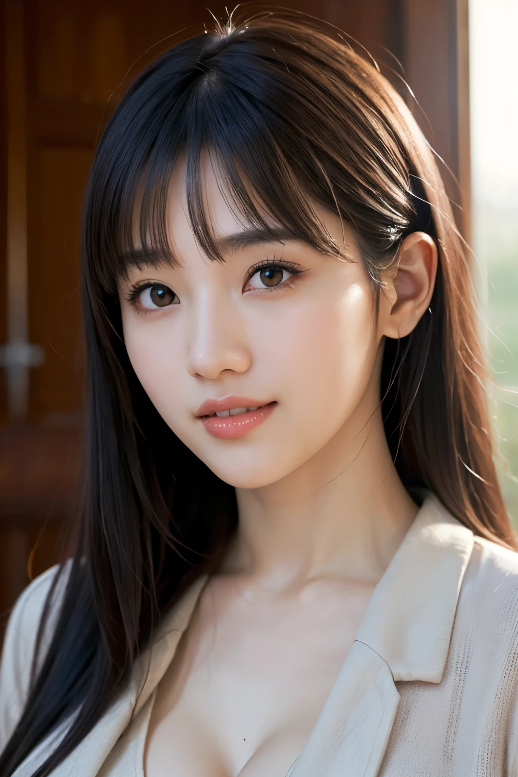 (超High resolution,4K,Very detailed, photograph, 8k, High resolution, High resolution, Absurd:1.2),Japanese woman in her 20s,(Long black hair,Blunt bangs),Beautiful character design,Beautifully detailed eye depiction,Perfect Face,Expressive eyes,Brown eyes,Natural smile,(Office Dress:1.1),(Huge breasts:1.2),At the office,Daytime,Cowboy Shot