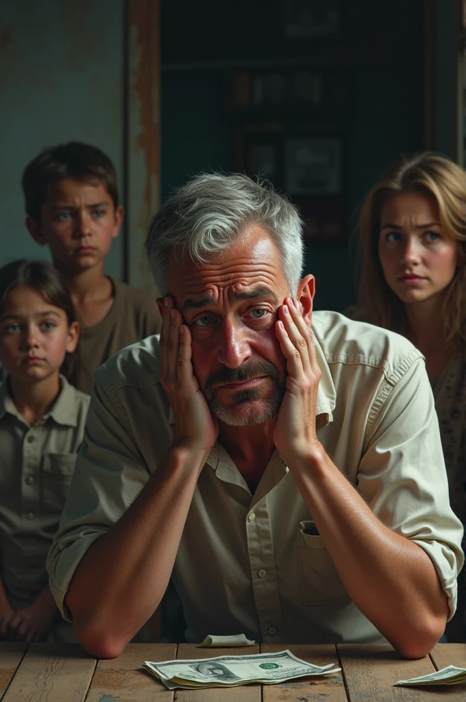 A distressed person crying, worried about his bills and in the background his sad family 