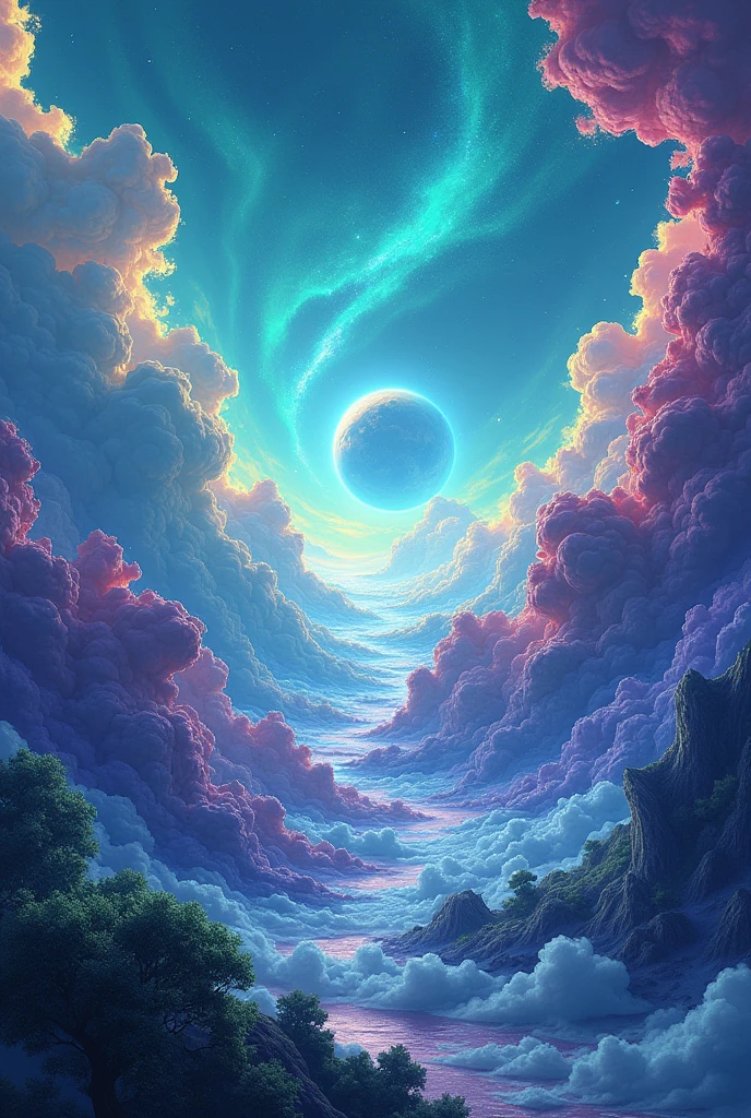 A blue, purple and green space with earth behind