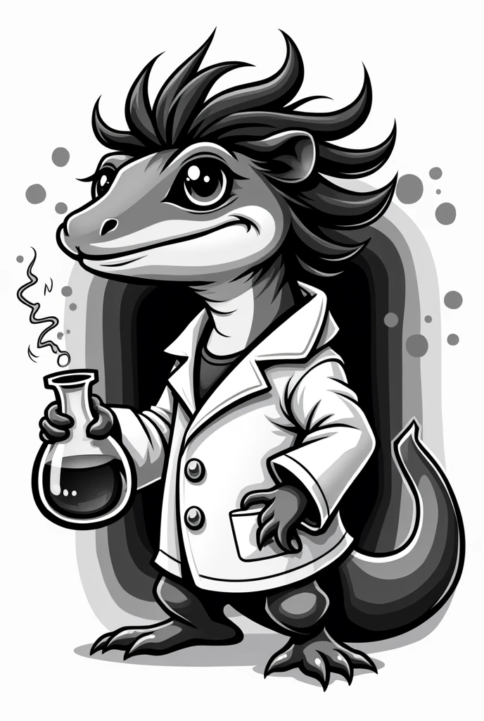 black and white logo of a salamander with tousled hair and a chemist jacket and holding a scientist's flask