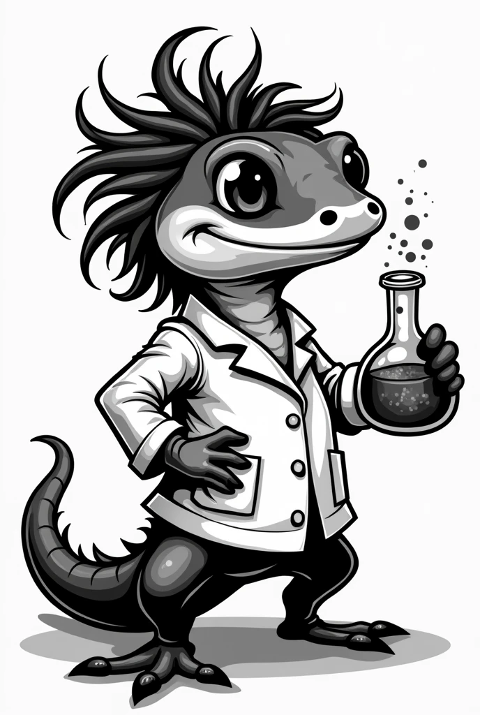 black and white logo of a salamander with tousled hair and a chemist jacket and holding a scientist's flask