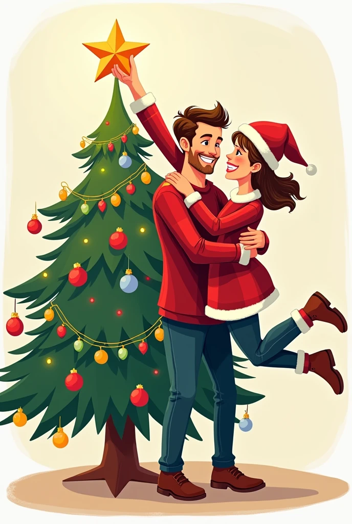  A cartoon couple wearing Christmas clothes with a Christmas tree next to them. He is carrying the girl to put a star at the top of the Christmas tree. 2d drawing with  outline 