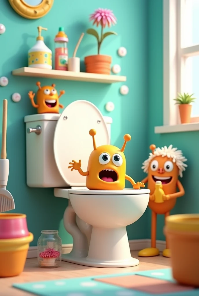 3D cartoon, 3d kids illustration, pixar style, Toilet cleaning、(((no humans)))