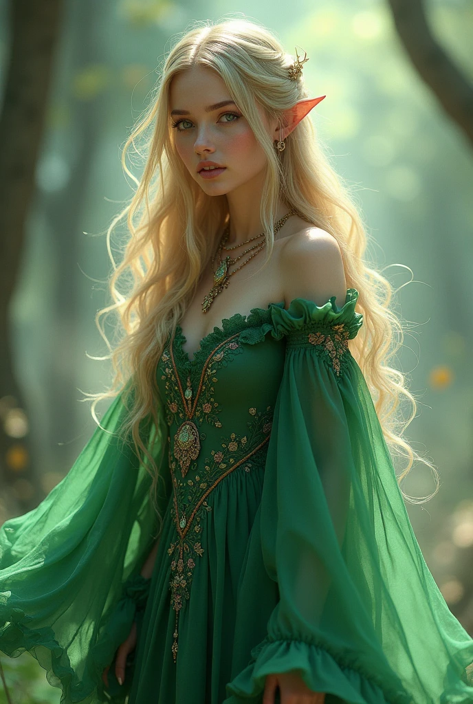 Girl , ((( Green dress), flowers, jewelry, long sleeves, wide sleeves, elf clothing, , embroidery, long skirt, long flowing blond hair, detailed face, detailed beautiful eyes, (intricate:1.3), (arcane aura:1.2), (dreamlike:1.3), (subtle mist:1.1),(vibrant colors:1.2), (detailed hair:1.3), (ultra realistic details:1.5),