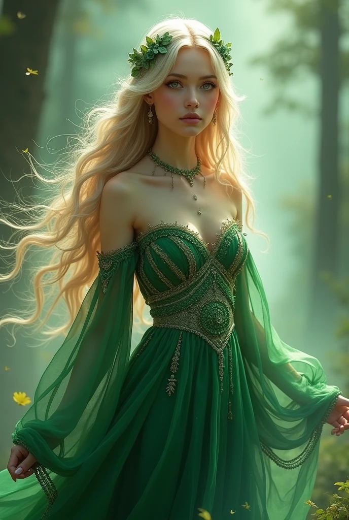 Girl , ((( Green dress), flowers, jewelry, long sleeves, wide sleeves, elf clothing, , embroidery, long skirt, long flowing blond hair, detailed face, detailed beautiful eyes, (intricate:1.3), (arcane aura:1.2), (dreamlike:1.3), (subtle mist:1.1),(vibrant colors:1.2), (detailed hair:1.3), (ultra realistic details:1.5),