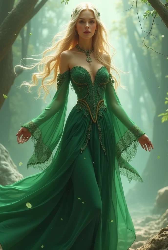 Girl , ((( Green dress), flowers, jewelry, long sleeves, wide sleeves, elf clothing, , embroidery, long skirt, long flowing blond hair, detailed face, detailed beautiful eyes, (intricate:1.3), (arcane aura:1.2), (dreamlike:1.3), (subtle mist:1.1),(vibrant colors:1.2), (detailed hair:1.3), (ultra realistic details:1.5),