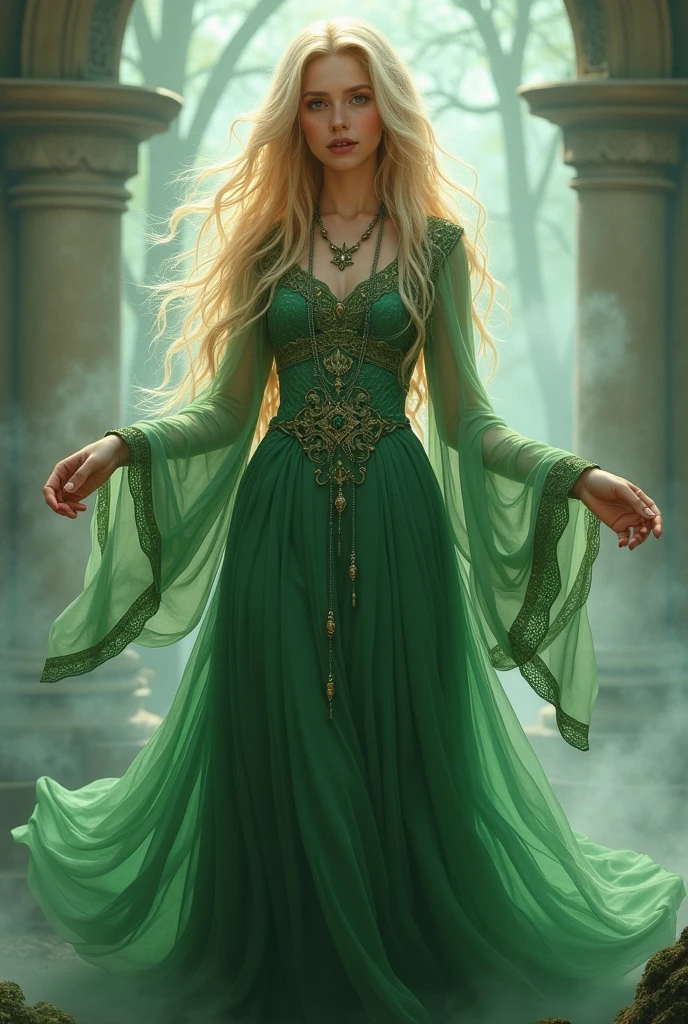 Girl , ((( Green dress), flowers, jewelry, long sleeves, wide sleeves, elf clothing, , embroidery, long skirt, long flowing blond hair, detailed face, detailed beautiful eyes, (intricate:1.3), (arcane aura:1.2), (dreamlike:1.3), (subtle mist:1.1),(vibrant colors:1.2), (detailed hair:1.3), (ultra realistic details:1.5),