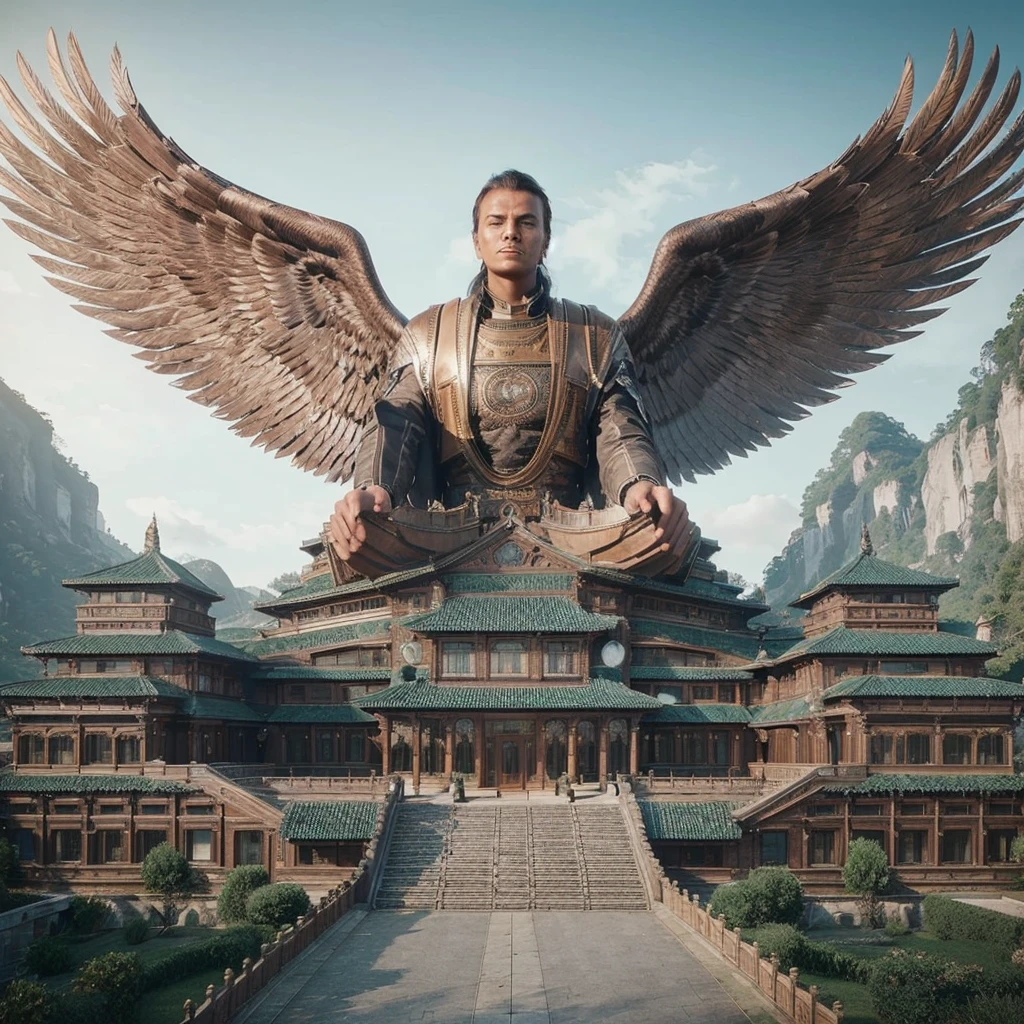 A 3D rendering of a futuristic mansion shaped like a hawk. The house is a combination of black, turquoise, and brown. The overall design is symmetrical and has a modern, minimalist aesthetic. The backdrop is a serene landscape with lush greenery. The mansion has large windows and a few smaller windows. There is a path leading to the front door of the mansion. The house is facing the viewer and is labeled "SOLOENSIS".