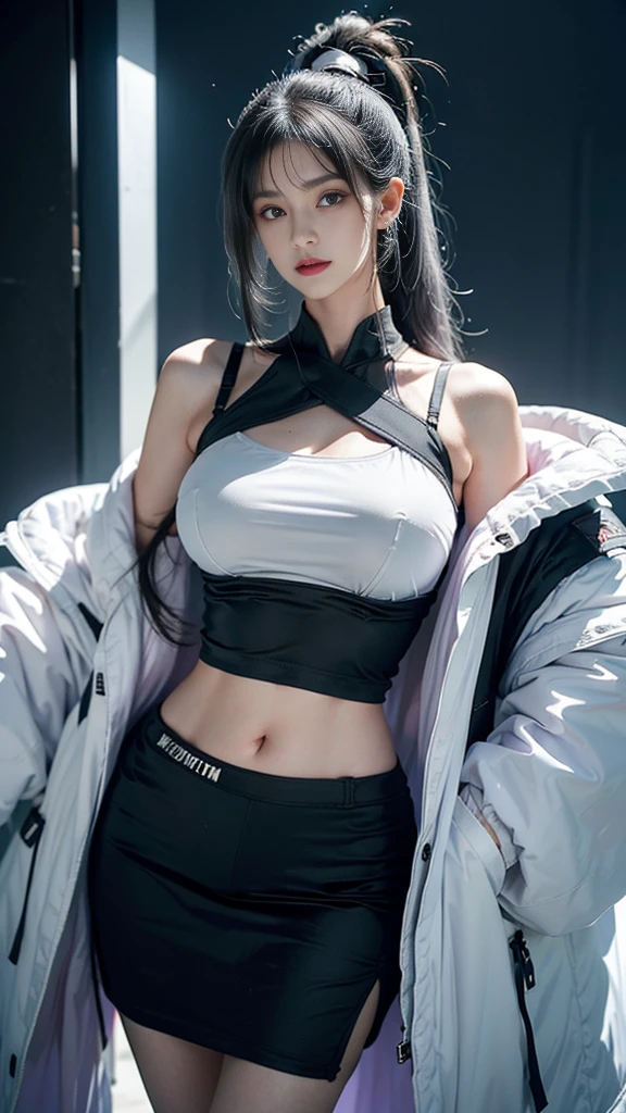 masterpiece,best quality,high resolution,8k,Focus on the thighs and above,RAW photos,digital photography,(Sci-fi style female family),20 year old girl,Long ponytail hairstyle,through bangs,(purple eyes),(white hair),plump breasts,felling,Elegant and noble,Serious and indifferent,Open white coat,Black camisole bra,Rich details,shut your mouth,show your belly button,intricate ornaments,Cyberpunk futuristic style,(female scholar),photo poses,White background,oc render reflection texture