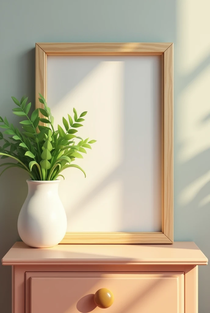 an empty picture frame on a night stand with a vase with greens, in a kids room, colorful, realistic
