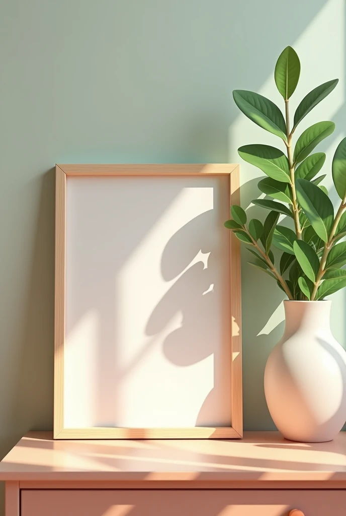 an empty picture frame on a night stand with a vase with greens, in a kids room, colorful, realistic