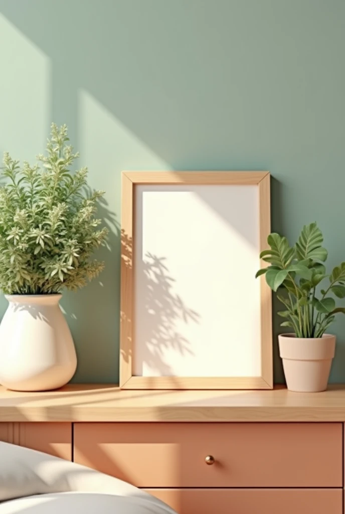 an empty picture frame on a night stand with a vase with greens, in a kids room, colorful, realistic
