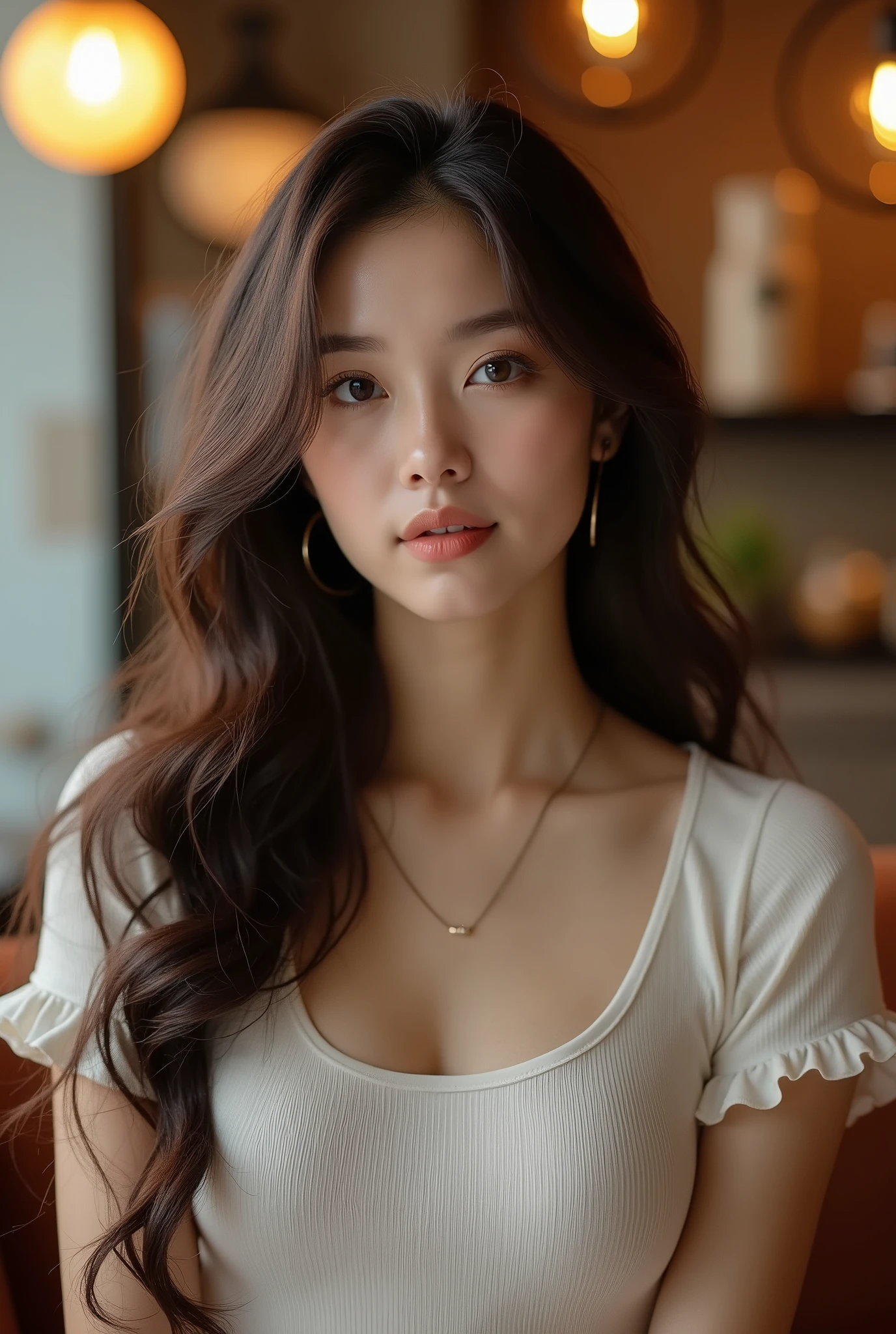 1 Beauty、Instagram Icon、Long Hair、K-POPアイドルの顔、T-Shirts、Droopy eyes、Dark brown hair、Beautiful curly hair、Stylish café in the background、