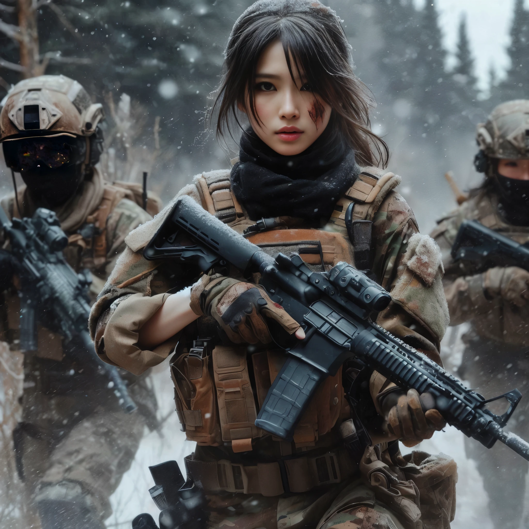 8K, realistic photo, realistic skin texture, Beautiful Japanese women in the US military、In the winter forest、explosion、Close call、
、They are shouting to evacuate immediately.、Automatic rifle、Bulletproof vest、Back Back、boots、Covered in scars、Grim expression、Dynamic pose、Innovative composition、Dust is flying、fiction、My breath is white from the cold、The sun shines through the trees
